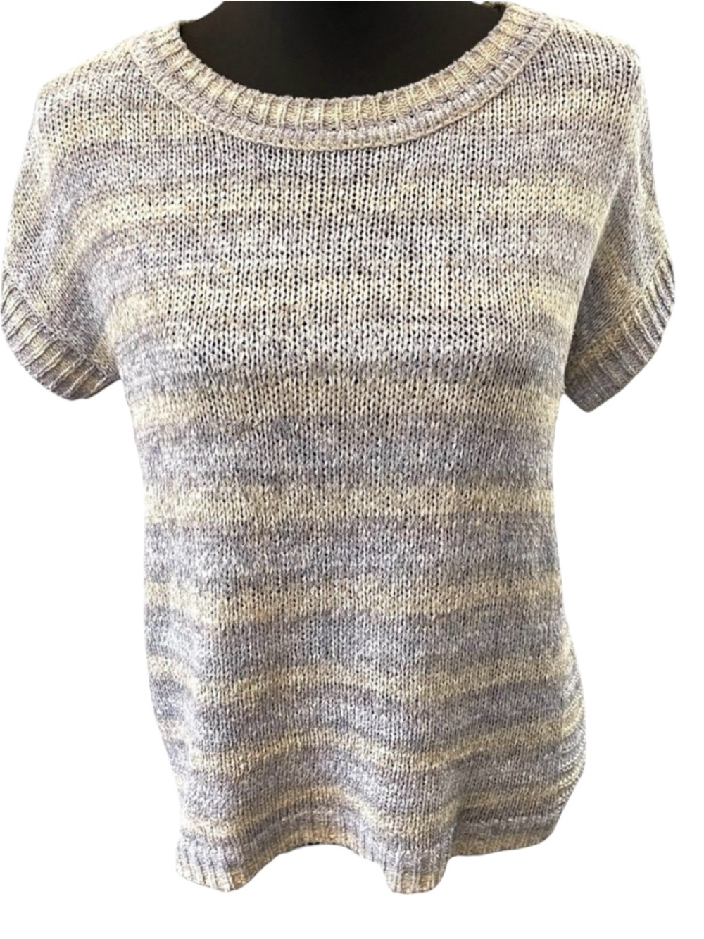 Cable & Gauge Light Blue/Grey Striped Short Sleeve Scoop Neck Sweater (S)